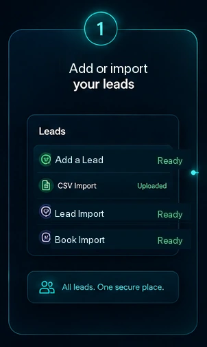 The approved lead intake panel: add a lead, CSV import and book import